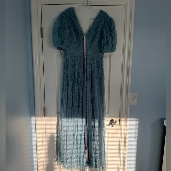 MAC DUGGAL | V Neck Puff Sleeve Ruffle Tiered A Line Gown - Picture 5 of 14